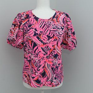 Lilly Pulitzer M Medium Pink Floral Puff Short Sleeve Blouse Top stretch NEW